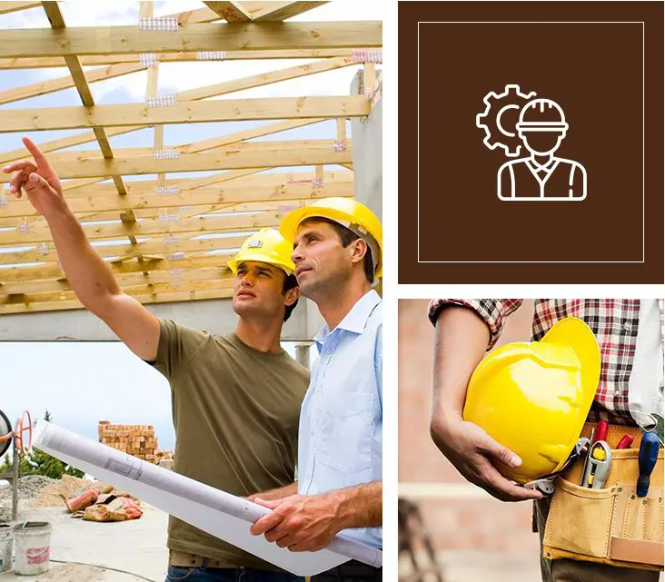 A collage of construction workers and their tools.