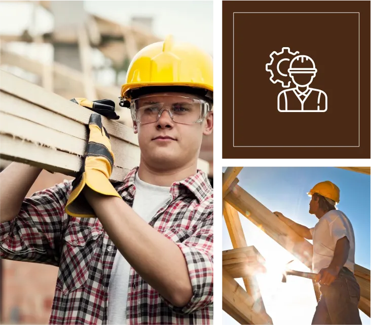 A man holding wood in his hand and wearing hard hat.