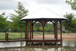 A gazebo in the middle of the lake