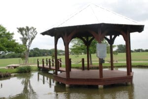 A gazebo in the middle of the lake