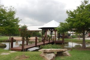 A gazebo in the middle of the lake